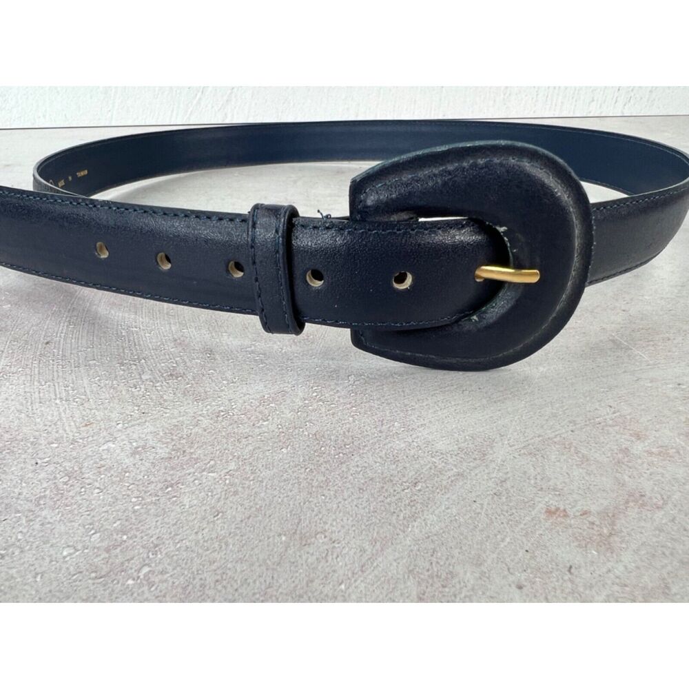 Genuine‎ Leather Black Belt With Gold Buckle Size L Made In Taiwan VTG 80s 90s